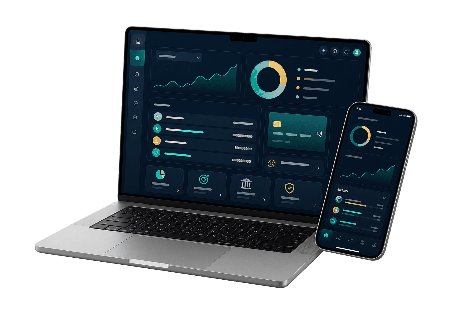 Finatha dark mode product screens on desktop and mobile